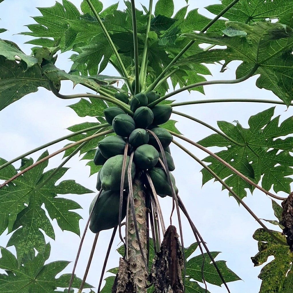 Papaya verdi appese ai rami di un albero visto dal basso, con foglie tropicali e cielo sullo sfondo