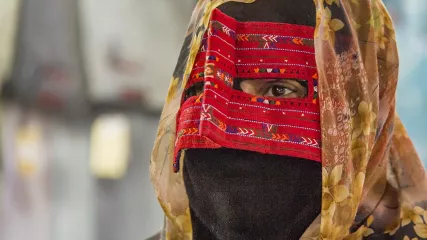 Bandari woman wearing traditional mask , Qeshm Island, iran