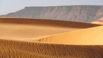 In primo piano dune di sabbia ondulate con increspature, sullo sfondo un altopiano roccioso